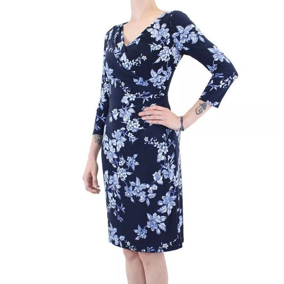 Ralph Lauren Women's, Faux Wrap, V-Neck, 3/4 Sleeve Dress, Blue Floral NWT $185 - Picture 1 of 7